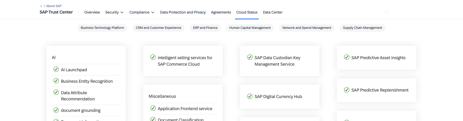 SAP Trust Center Cloud Status page, current live version