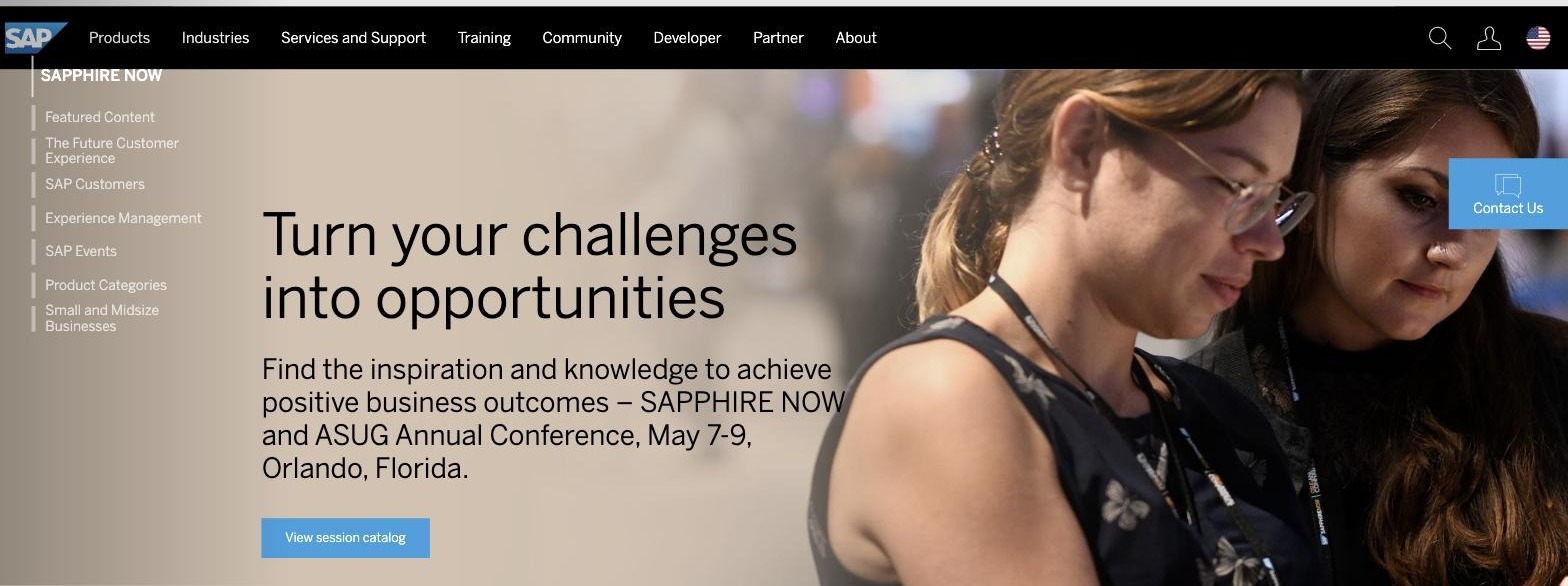 SAP.com homepage in 2019, before the front-door redesign, via Wayback Machine