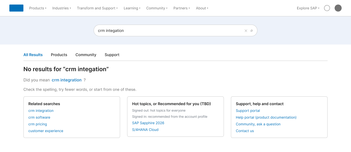 Recreated no results page with a Did you mean correction, a line of advice, and three blocks named Related searches, Hot topics or Recommended for you, and Support help and contact