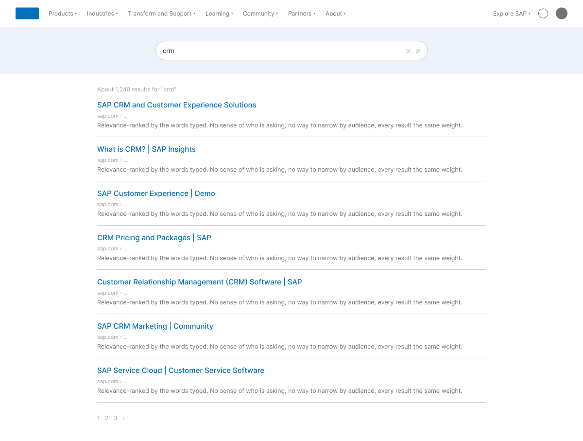 Recreated old results page. A flat list ranked by the words typed, one audience, no tabs, no labels, no filters