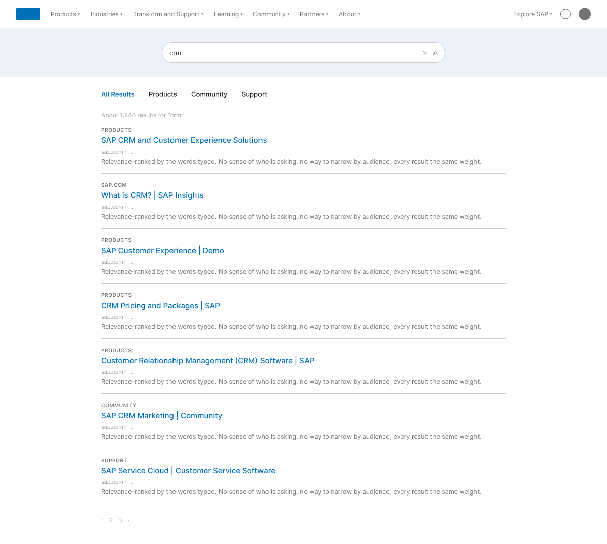 Recreated Option 1. The existing page with a design uplift and a tabset above the results, each result carrying an eyebrow label that names its tab