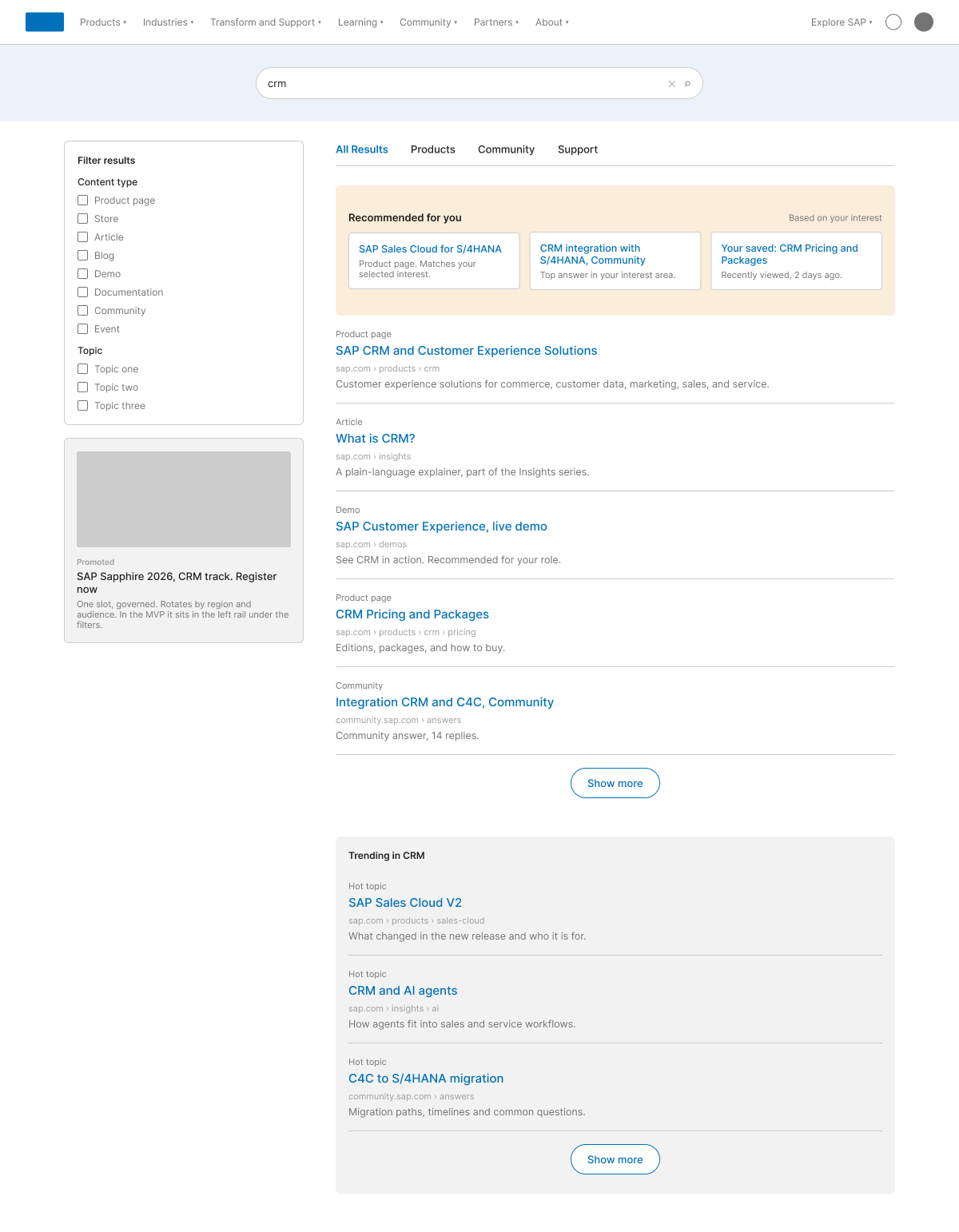 Recreated Option 3. Filters in a left rail with a promoted card under them, the recommended block at the top of the list, five results, a Show more button, and a grey Trending block with three hot topics