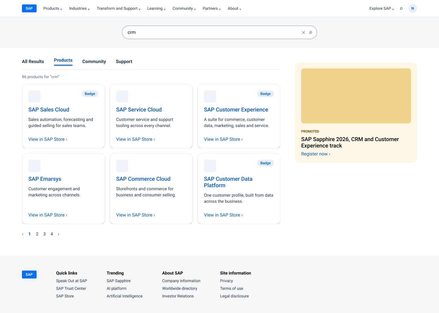 Recreated search results page with the Products tab active, six product tiles in a grid, three of them with a badge, and a promotional banner in the right rail