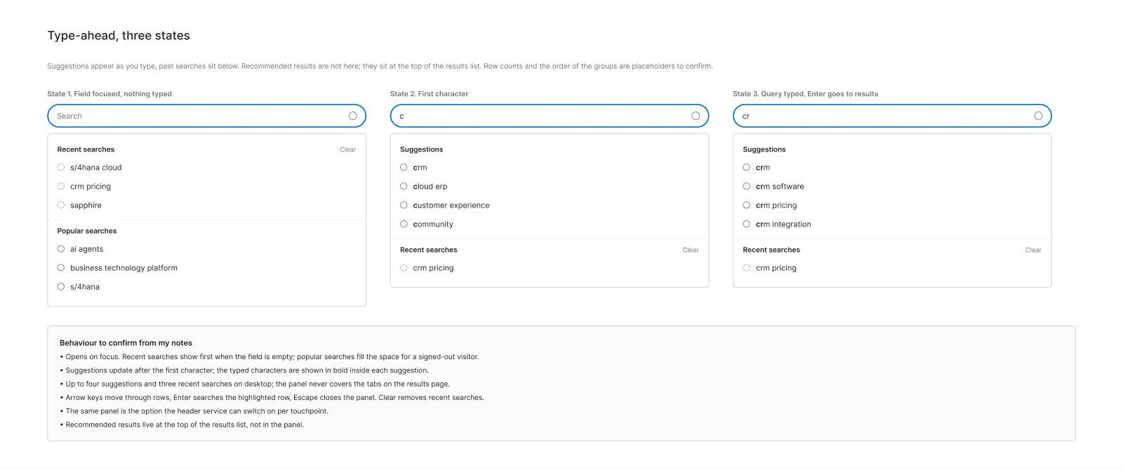 Three recreated type-ahead states side by side. Empty field with recent searches, typing with suggestions, and a selected suggestion